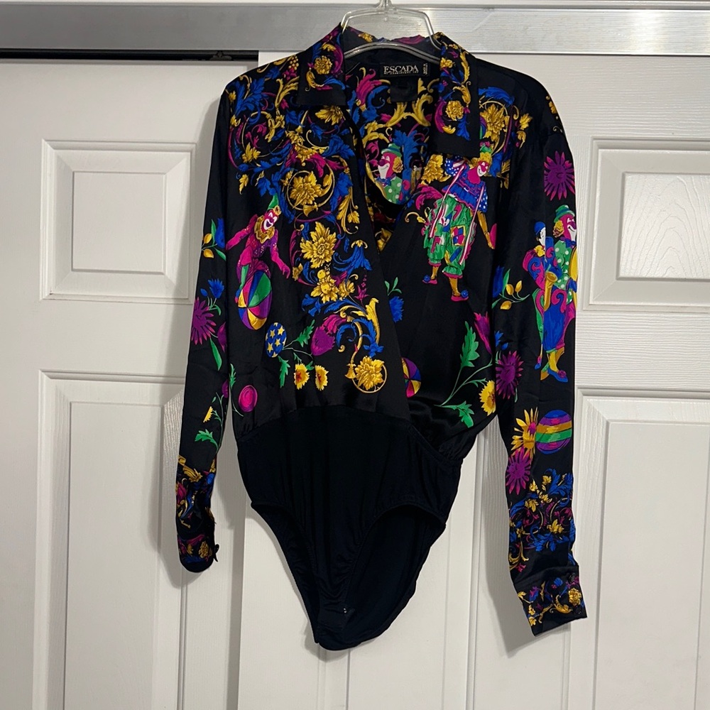 Escada Vintage Black Floral & Carnival Print Long-Sleeve Silk Bodysuit